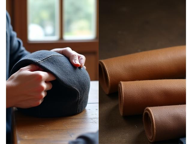 Craftsman's hands on cap and fabric textures